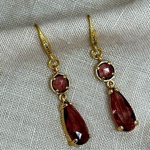 Burgundy Red Gold Long Drop Glass with Rhinestone Hooks Handmade Earrings